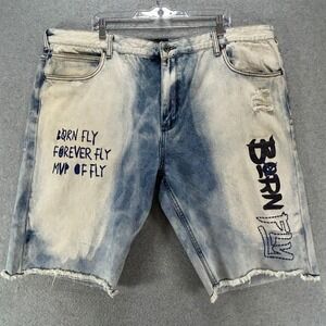 Born Fly Denim Shorts Mens 44 Blue Acid Wash Streetwear Hip Hop Graphic